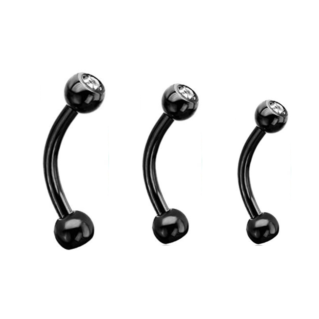 14G Double CZ Black Steel Ion Plated Curved Barbell