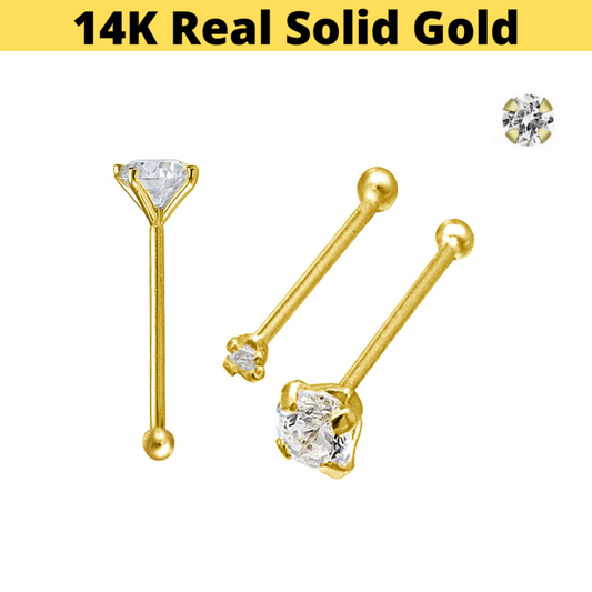 14K Gold Prong Set CZ Nose Stud Pin
