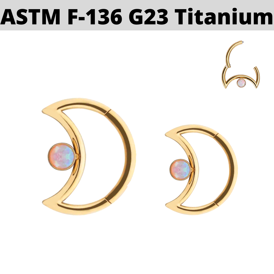 G23 Gold PVD Titanium Opal Crescent Moon Hinged Clicker