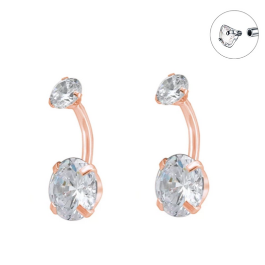 Internally Threaded Prong Set Rose Gold Ion Plated Double CZ Belly Ring