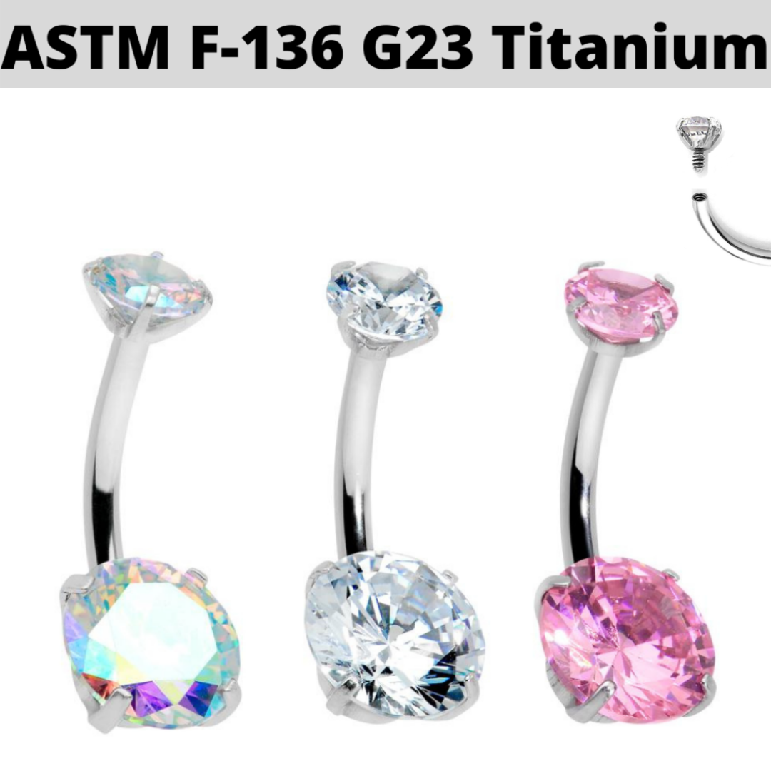 G23 Titanium Internally Threaded 4 Prong Set Double CZ Belly Ring