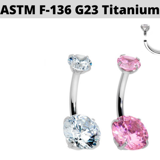 G23 Titanium Internally Threaded 4 Prong Set Double CZ Belly Ring