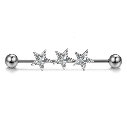 Steel Triple CZ Stars Industrial Barbell