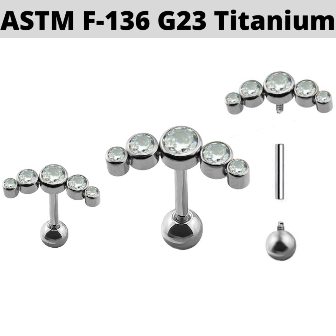 G23 Titanium Internally Threaded 5 CZ Cluster Tragus Barbell