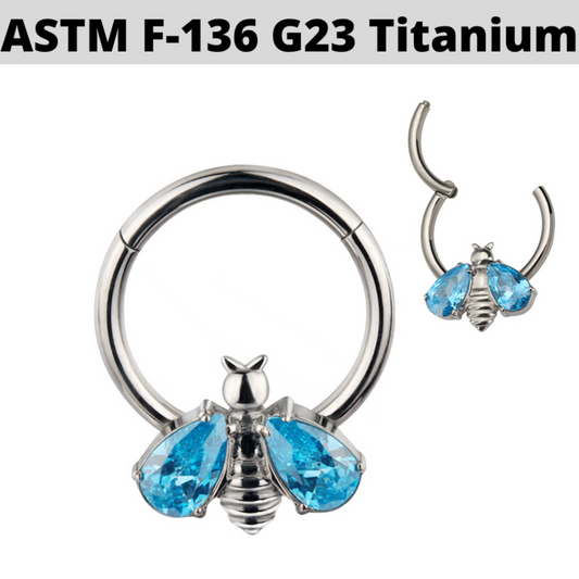 G23 Titanium Aqua CZ Bee Hinged Segment Clicker Ring