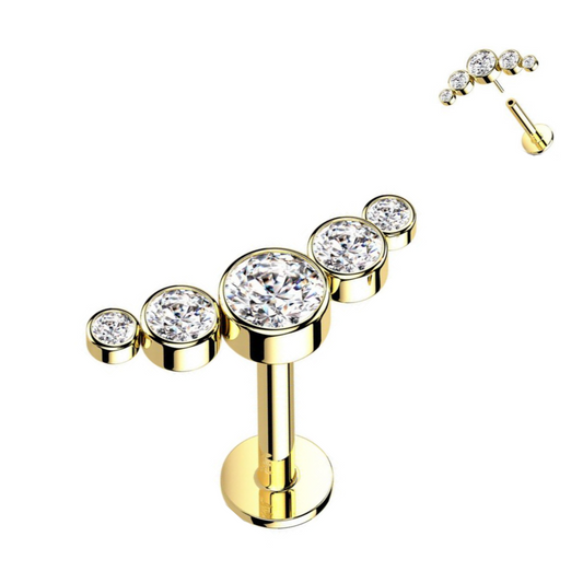Gold Steel Threadless Push In 5 CZ Cluster Ion Plated Tragus Labret
