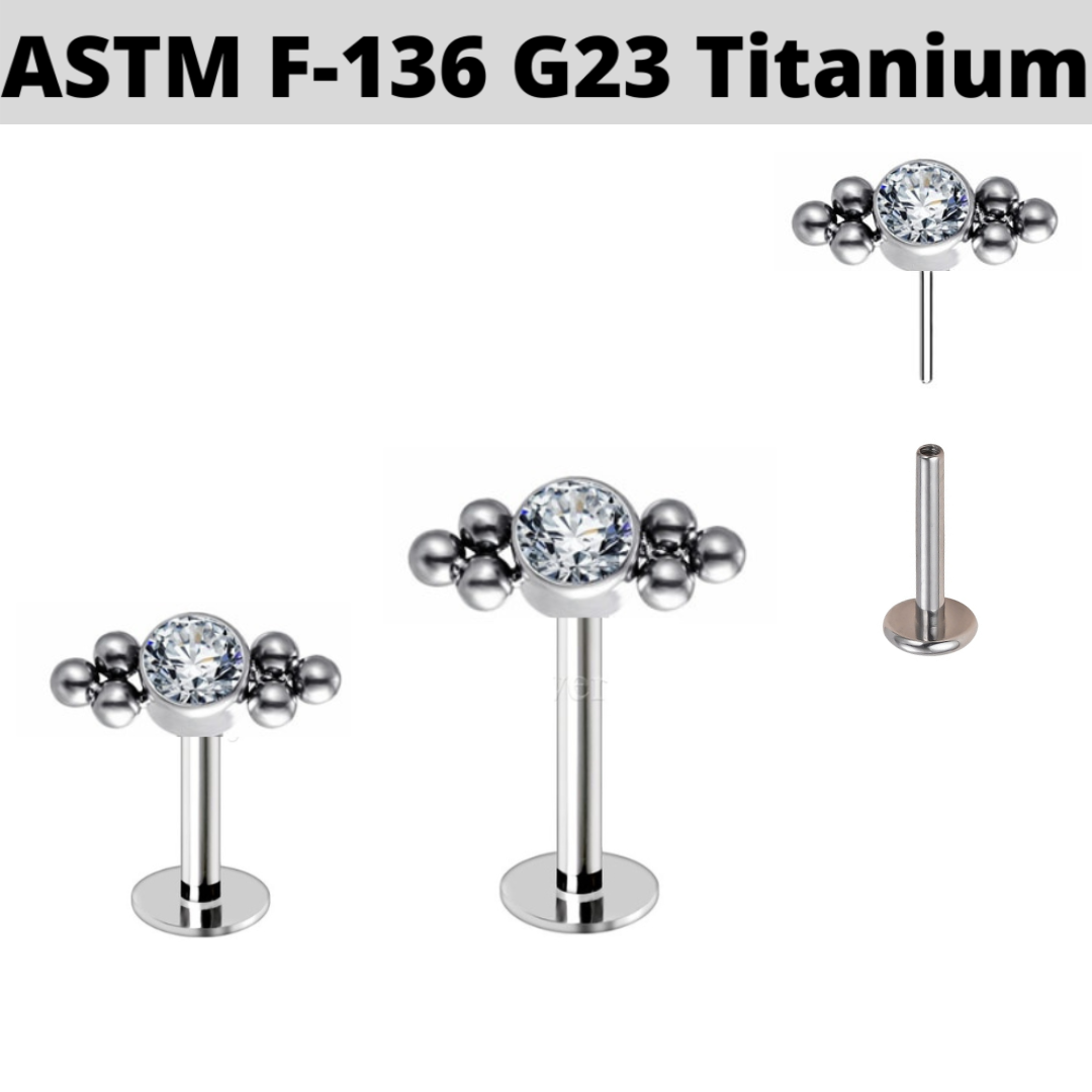 G23 Titanium Threadless Push In CZ 6 Beads Labret