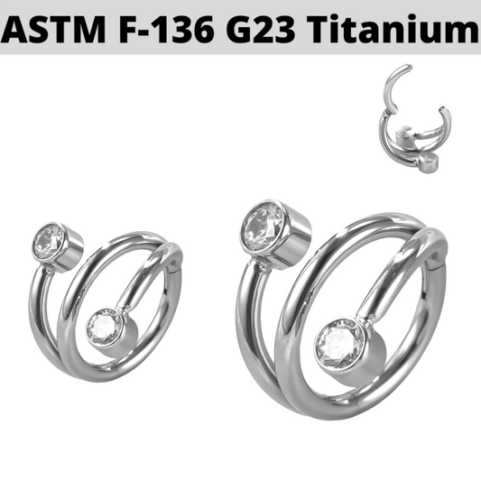 G23 Titanium Coiled CZ Ends Hinged Clicker Ring