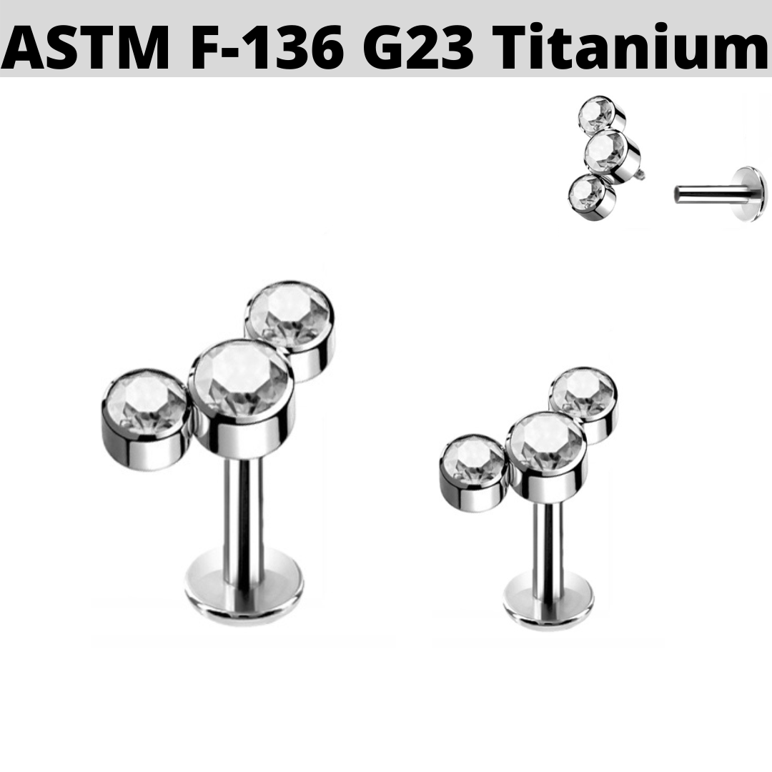 G23 Titanium Internally Threaded 3 CZ Cluster Tragus Labret