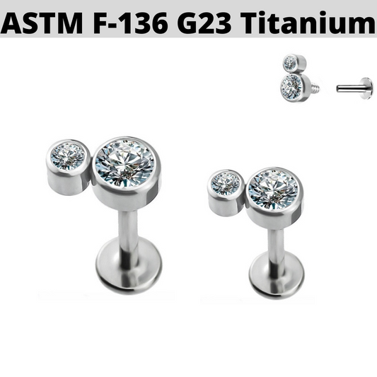 G23 Titanium Internally Threaded 2 CZ Cluster Tragus Labret
