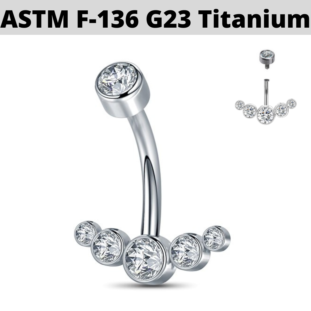 G23 Titanium Internally Threaded 5 CZ Cluster Belly Ring