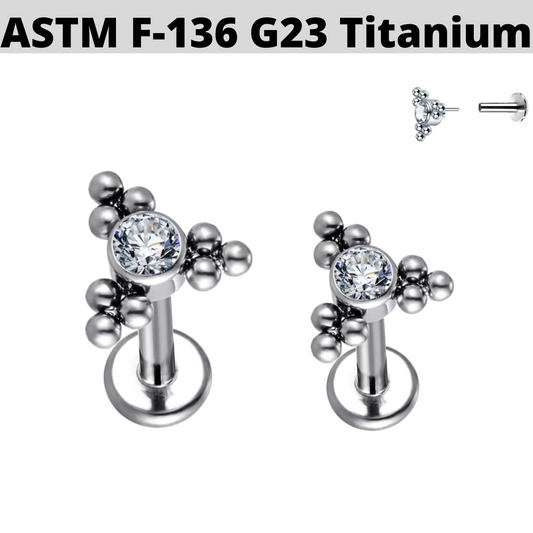 G23 Titanium Threadless Push In Triangle CZ Bead Cluster Labret