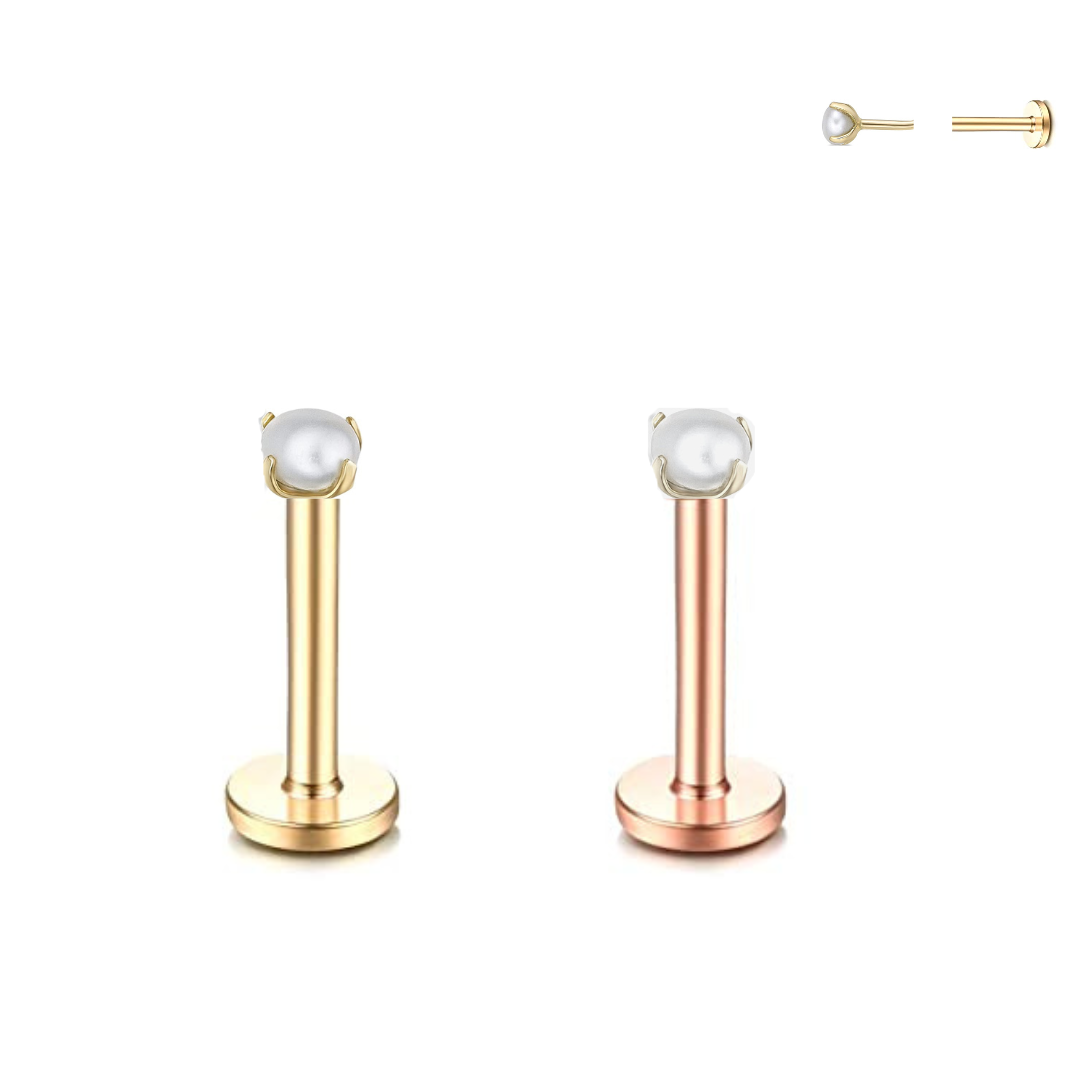 20G Steel Prong Set Pearl Threadless Push Ion Plated Labret