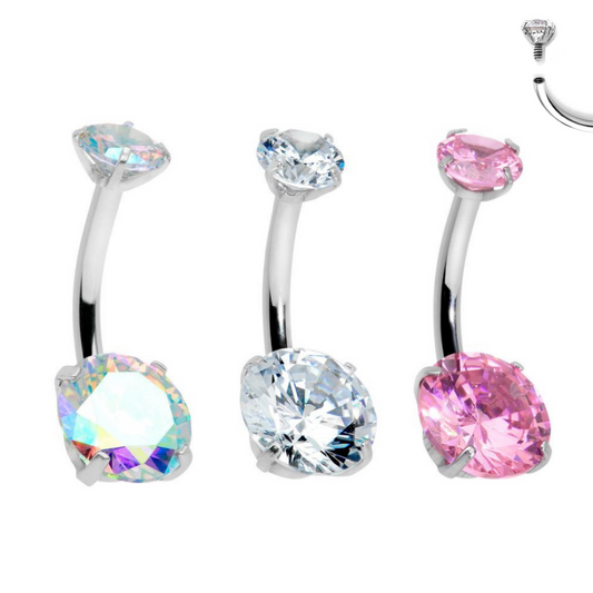 Internally Threaded 4 Prong Set Double CZ Belly Ring