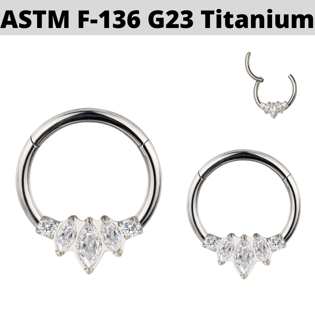 G23 Titanium Marquise Round CZ Hinged Segment Clicker Ring