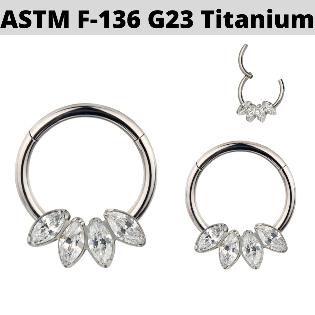 G23 Titanium 4 Marquise CZ Fan Hinged Segment Clicker Ring