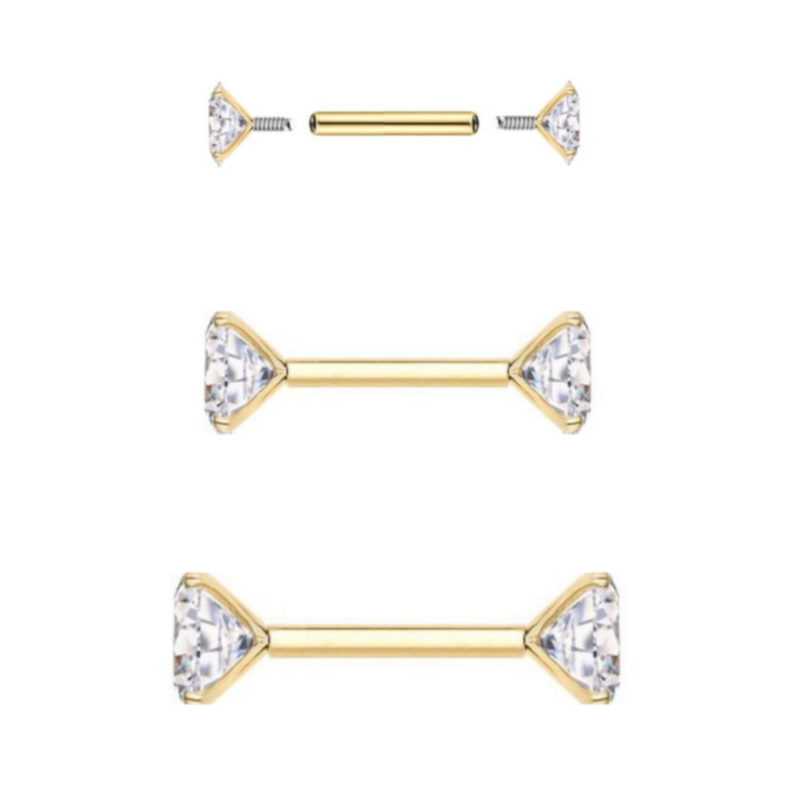 Gold Steel Double Side Prong Set CZ Ion Plated Helix Barbell