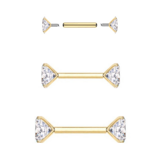 Gold Steel Internally Threaded Prong Set CZ Ion Plated Barbell