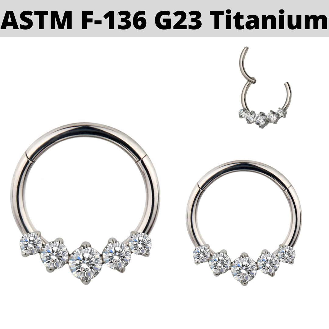 G23 Titanium 5 Round CZ Fan Hinged Segment Clicker Ring