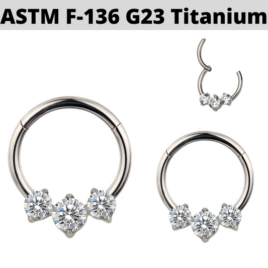 G23 Titanium 3 Round CZ Fan Hinged Segment Clicker Ring