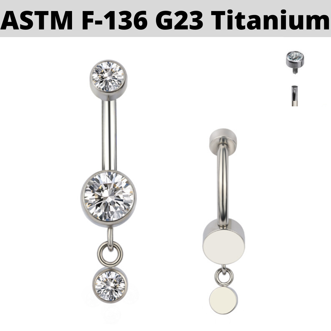 G23 Titanium Internally Threaded Double CZ Dangle Belly Ring