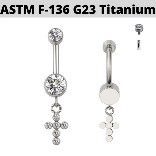 G23 Titanium Internally Threaded Cross CZ Dangle Belly Ring