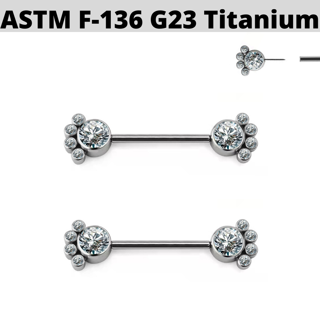 G23 Threadless Push In Titanium 5 CZ Clusters Nipple Barbell