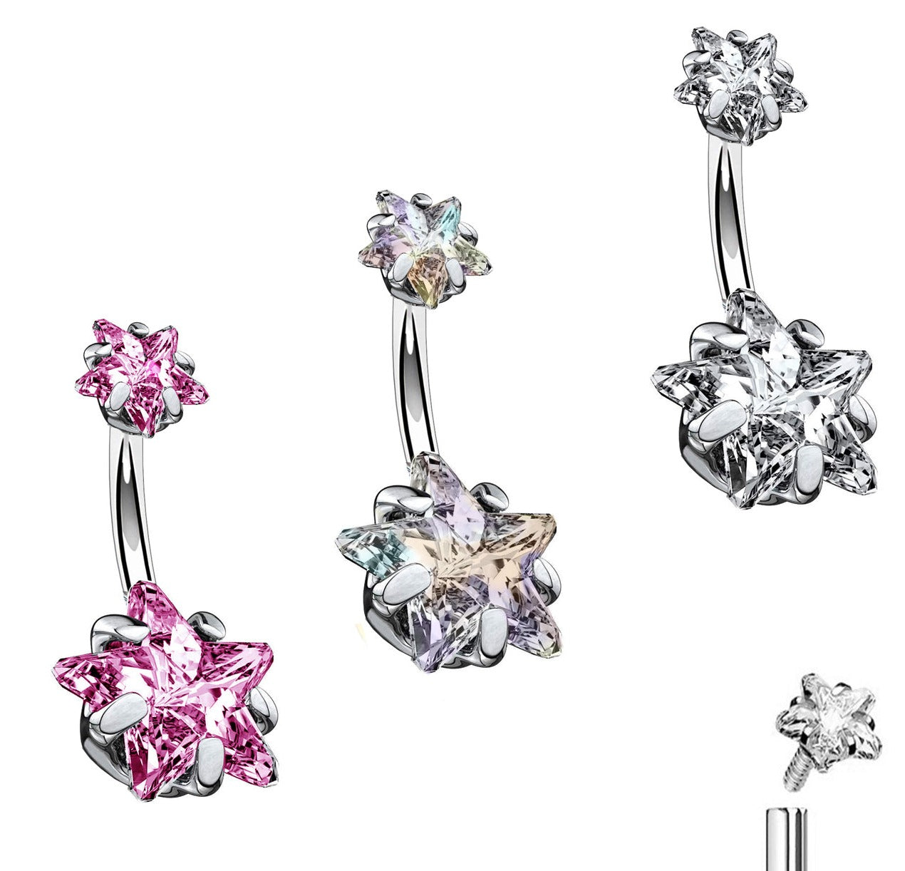 Internally Threaded Prong Set Double Star CZ Belly Ring