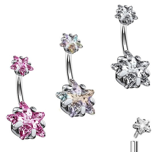 Internally Threaded Prong Set Double Star CZ Belly Ring