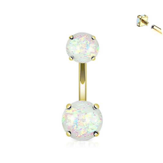 Internally Threaded Gold Steel Double Prong Set Opal Ion Plated Belly Ring