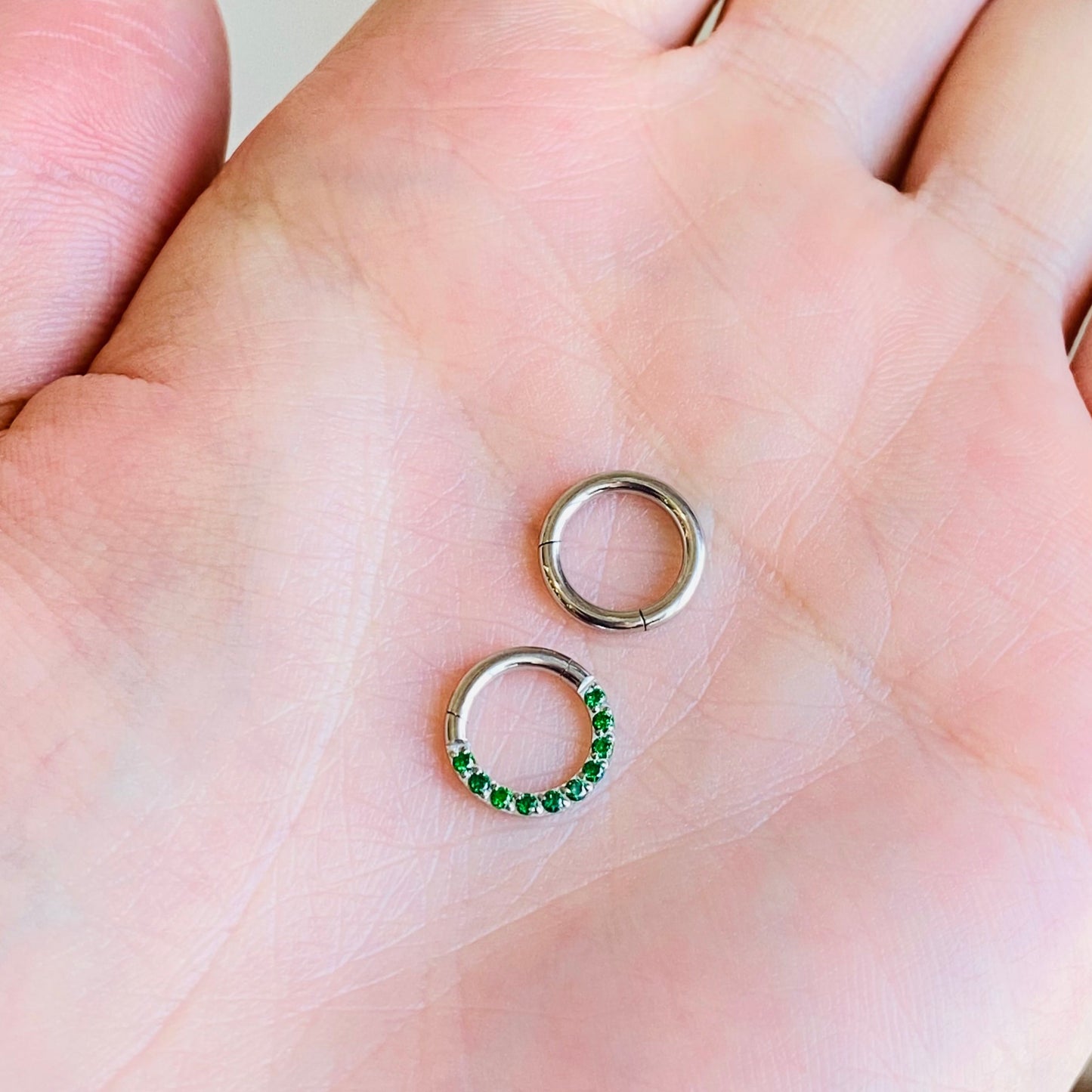 Steel Green Emerald Front CZ Hinged Segment Clicker Ring