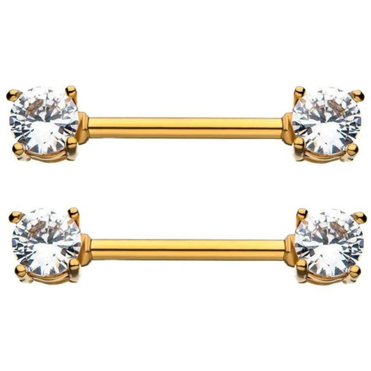 Gold Prong Set CZ Ion Plated Nipple Barbell