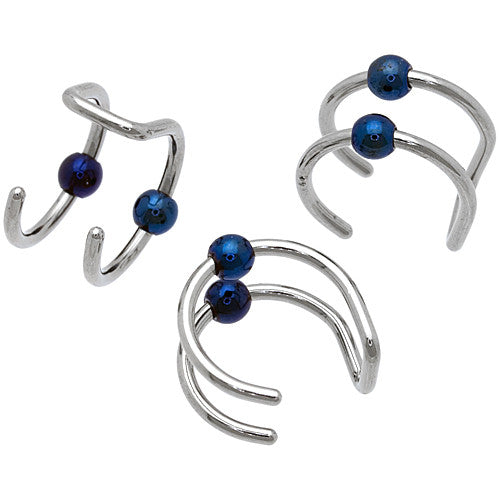 Steel Double Blue Bead Cartilage Clip On Ear Cuff