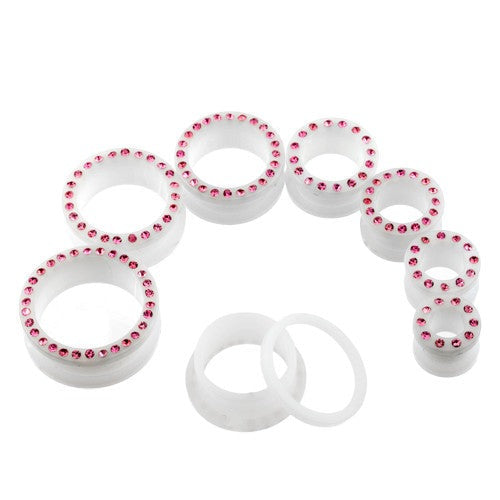 White Acrylic Pink CZ Screw Tunnel 1/2" & Up