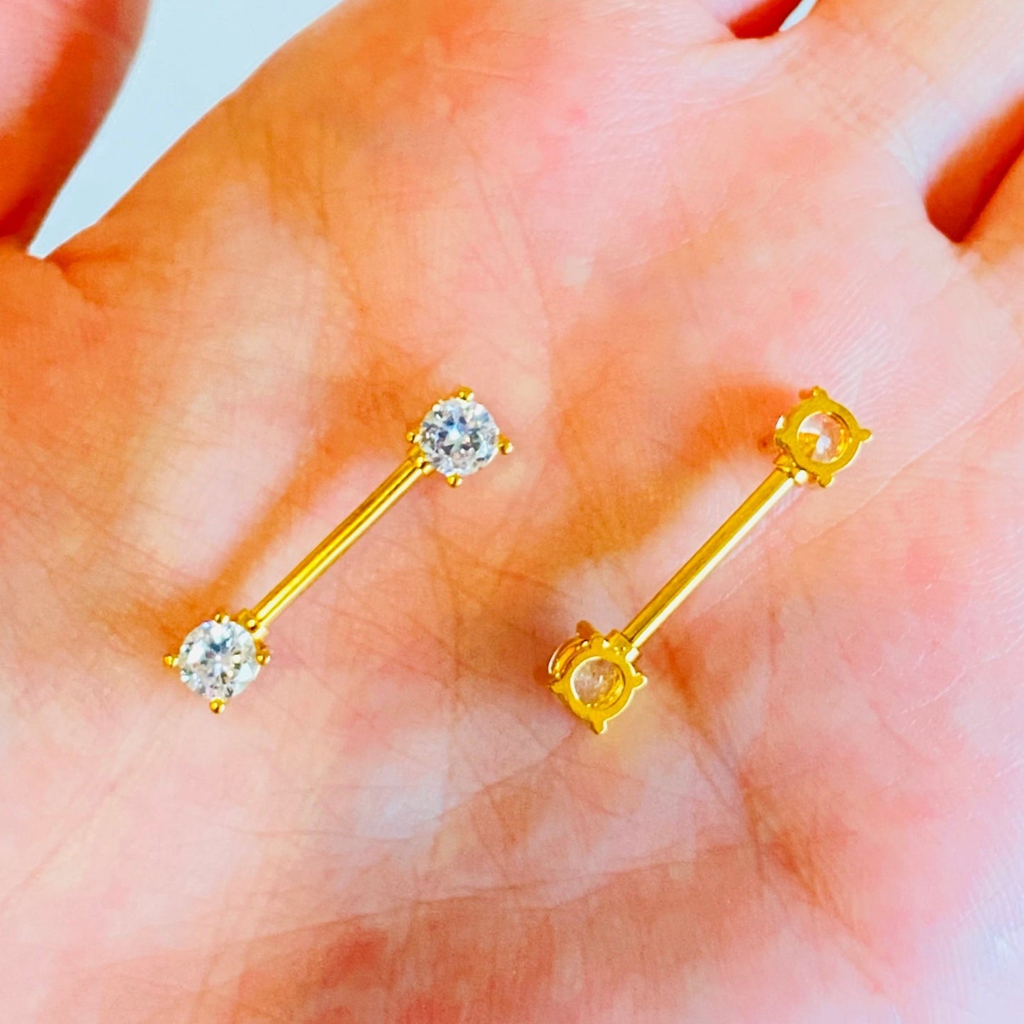 Gold Prong Set CZ Ion Plated Nipple Barbell