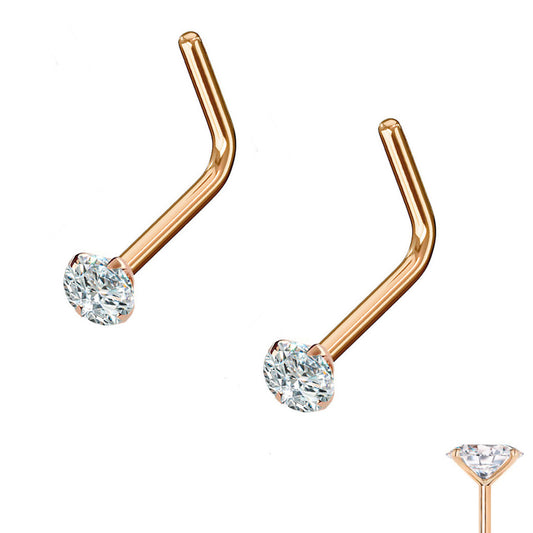 Rose Gold Ion Plated Prong Set CZ L Bend Nose Ring