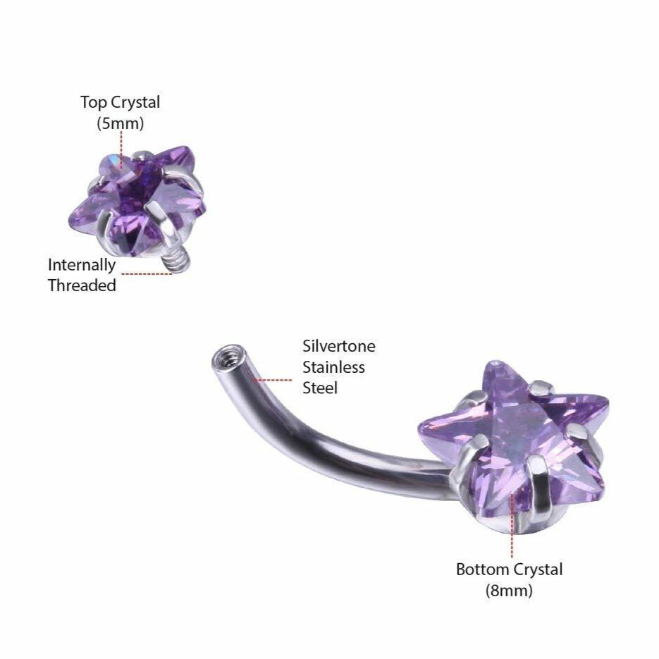 Internally Threaded Prong Set Double Stars CZ Belly Ring
